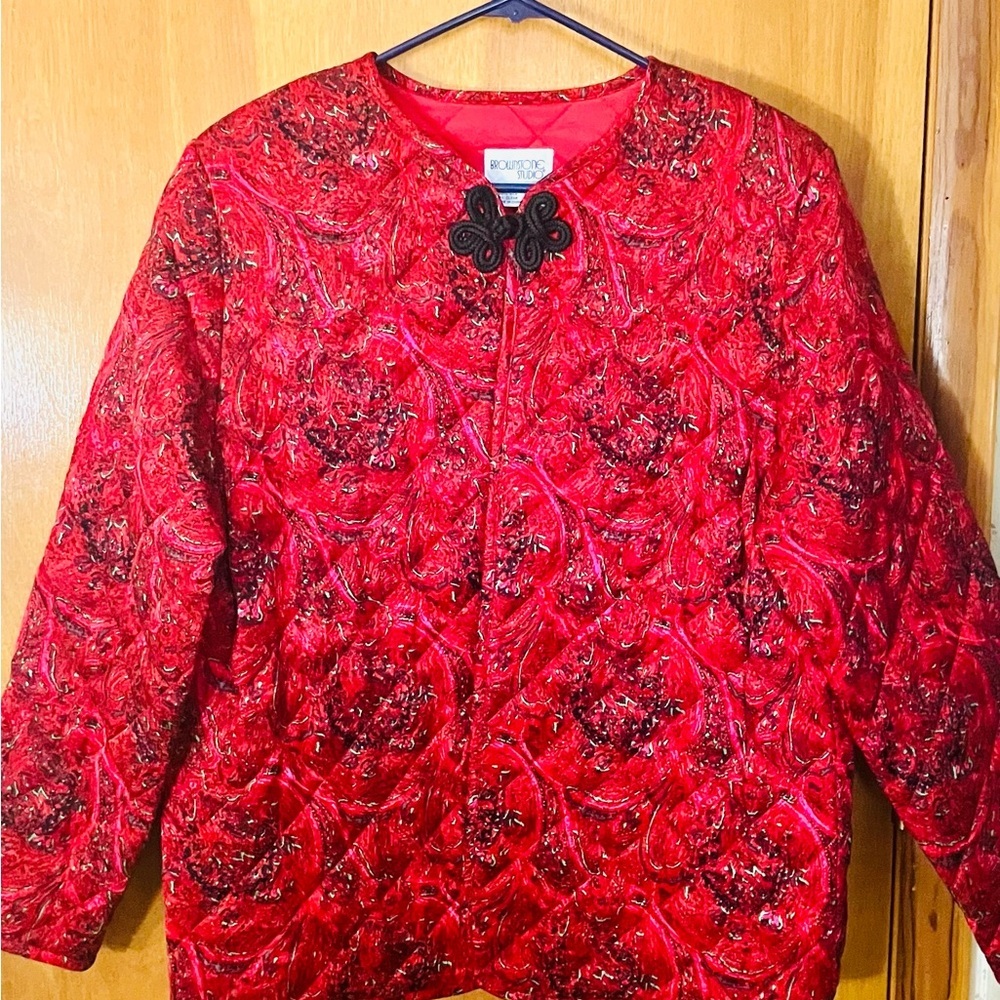 Brownstone Studio Women’s 12(L) Silk Quilted Red Floral Parka Jacket